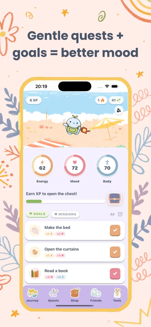 Buba app screenshot: Gentle quests and goals for a better mood